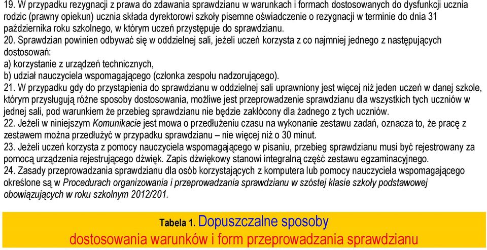 Sprawdzian powinien odbywać się w oddzielnej sali, jeżeli uczeń korzysta z co najmniej jednego z następujących dostosowań: a) korzystanie z urządzeń technicznych, b) udział nauczyciela wspomagającego