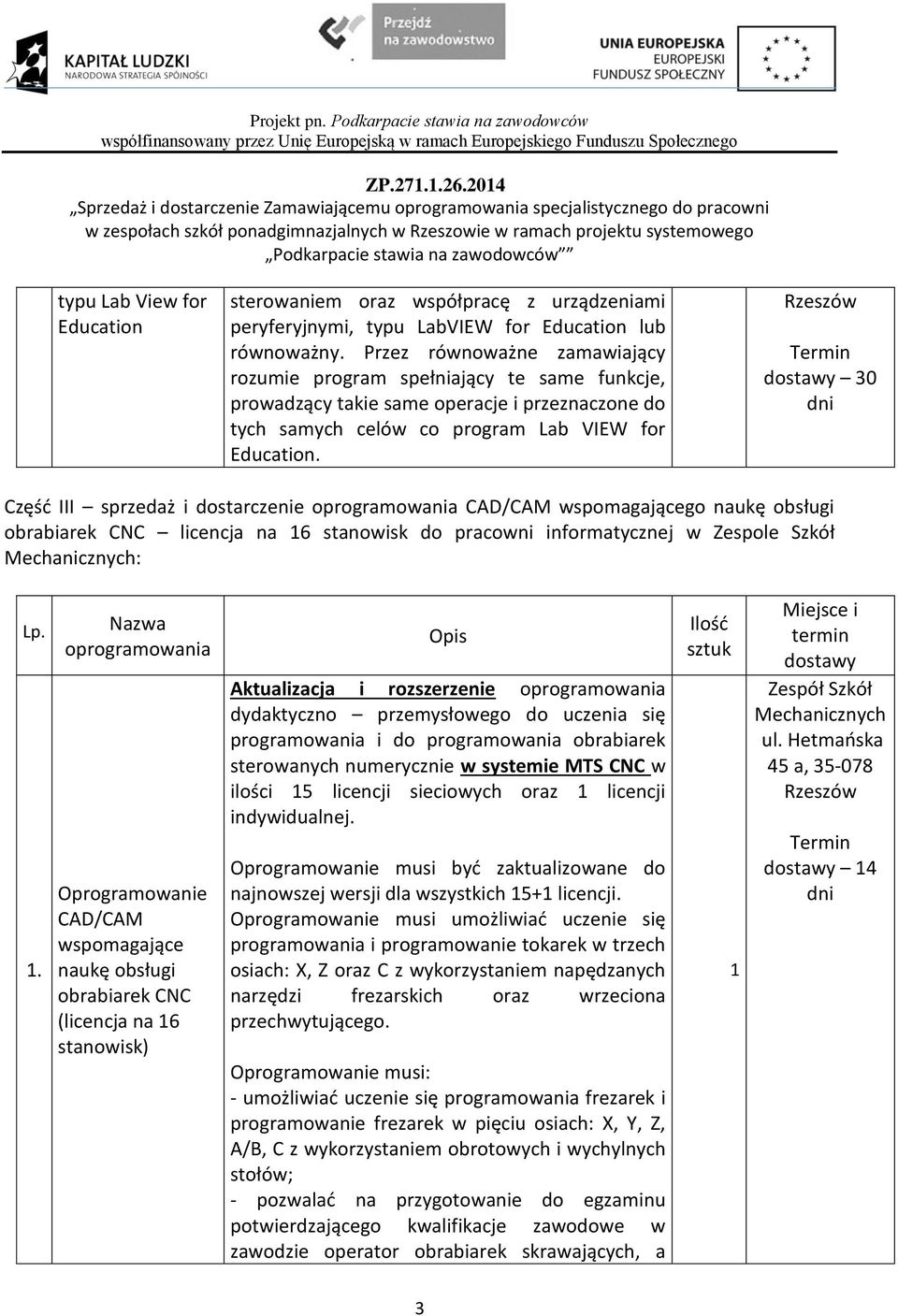 30 Część III sprzedaż i dostarczenie oprogramowania CAD/CAM wspomagającego naukę obsługi obrabiarek CNC licencja na 6 stanowisk do pracowni informatycznej w Zespole Szkół Mechanicznych: Lp.