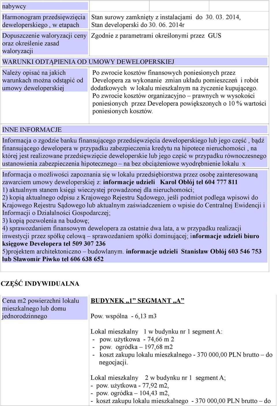 2014r Zgodnie z parametrami określonymi przez GUS WARUNKI ODTĄPIENIA OD UMOWY DEWELOPERSKIEJ Należy opisać na jakich warunkach można odstąpić od umowy deweloperskiej INNE INFORMACJE Po zwrocie