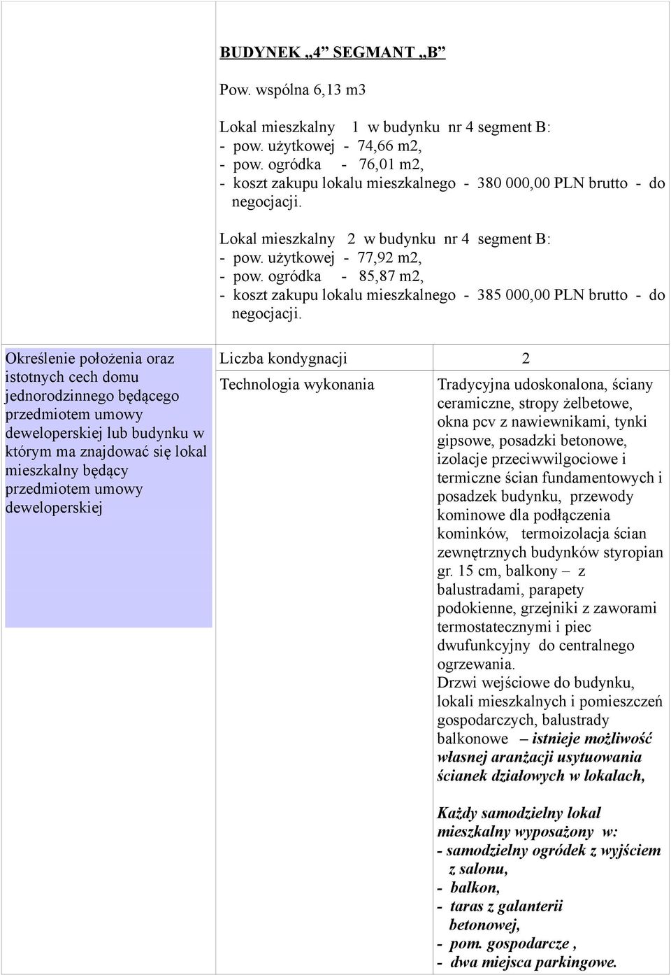 ogródka - 85,87 m2, - koszt zakupu lokalu mieszkalnego - 385 000,00 PLN brutto - do Określenie położenia oraz istotnych cech domu jednorodzinnego będącego przedmiotem umowy deweloperskiej lub budynku