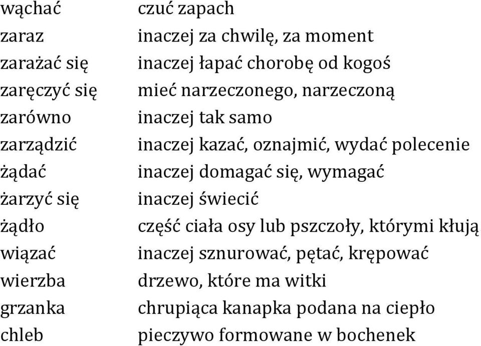 kazać, oznajmić, wydać polecenie inaczej domagać się, wymagać inaczej świecić część ciała osy lub pszczoły, którymi