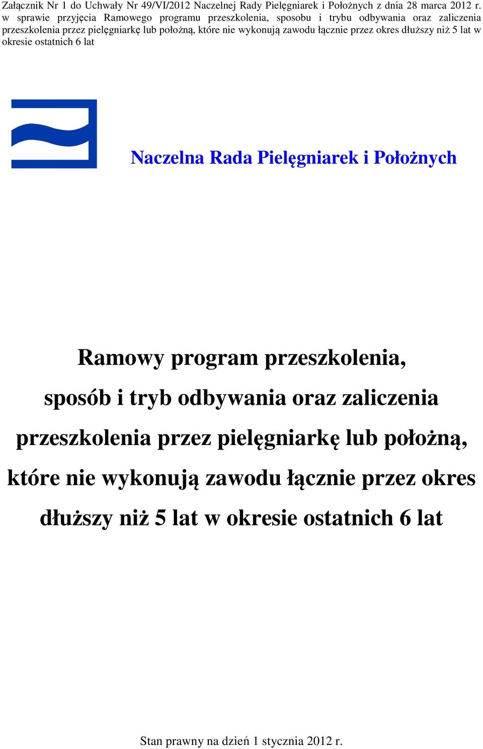 wykonują zawodu łącznie przez okres dłuższy niż 5 lat w okresie ostatnich 6 lat Naczelna Rada Pielęgniarek i Położnych Ramowy program przeszkolenia,