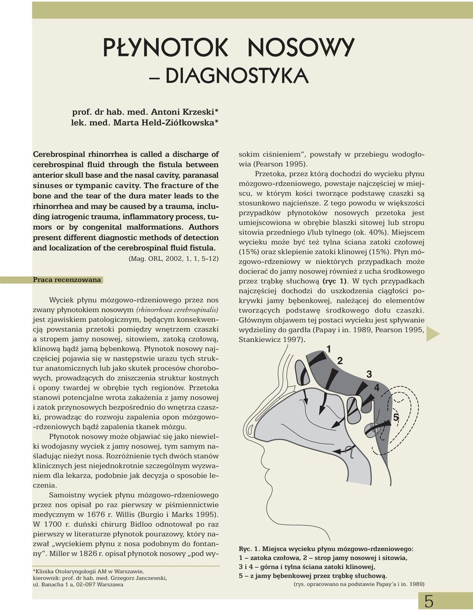 Marta Held-Zió kowska* Cerebrospinal rhinorrhea is called a discharge of cerebrospinal fluid through the fistula between anterior skull base and the nasal cavity, paranasal sinuses or tympanic cavity.