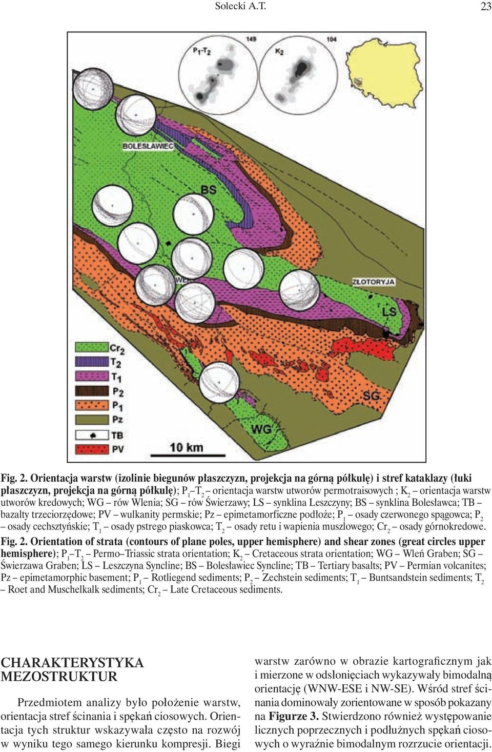 Orientacja warstw (izolinie biegunów płaszczyzn, projekcja na górną półkulę) i stref kataklazy (łuki płaszczyzn, projekcja na górną półkulę); P 1 T 2 orientacja warstw utworów permotraisowych ; K 2