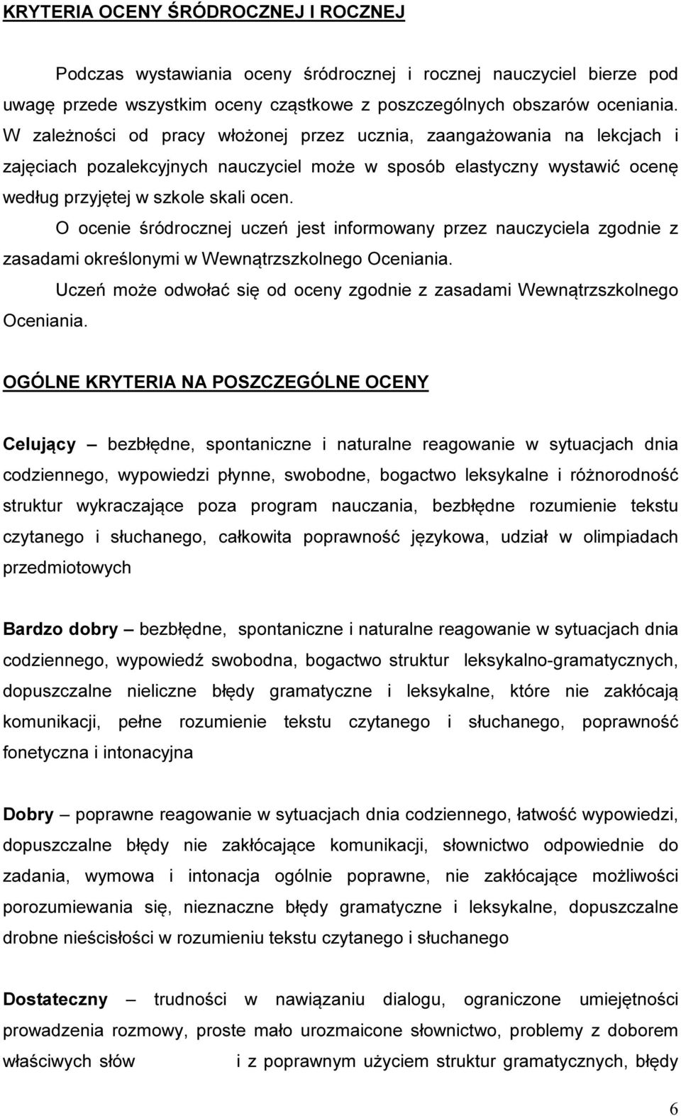 O ocenie śródrocznej uczeń jest informowany przez nauczyciela zgodnie z zasadami określonymi w Wewnątrzszkolnego Oceniania.