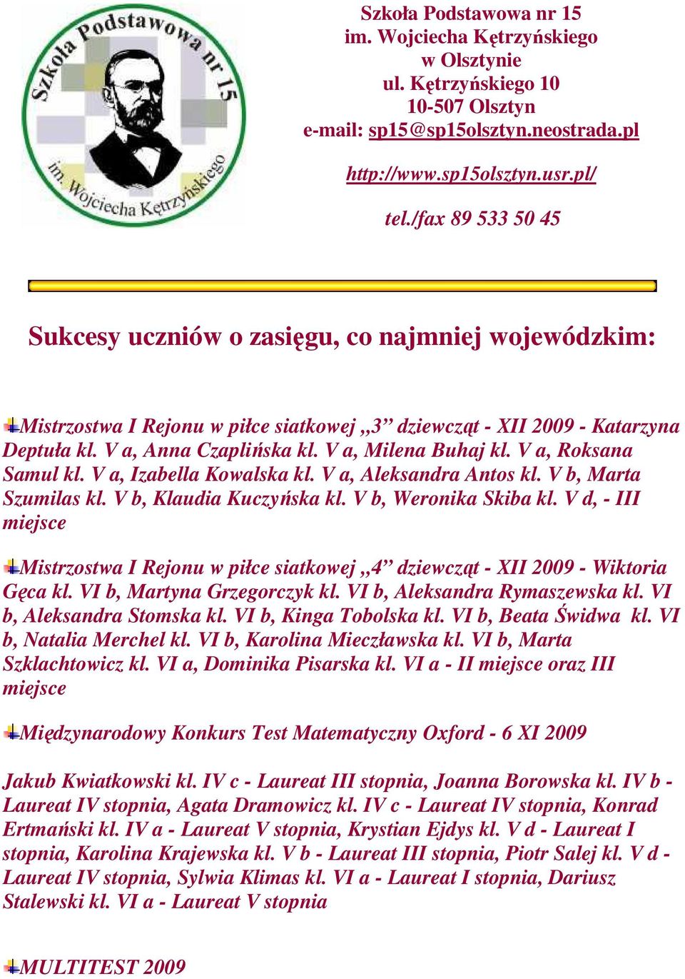 V a, Milena Buhaj kl. V a, Roksana Samul kl. V a, Izabella Kowalska kl. V a, Aleksandra Antos kl. V b, Marta Szumilas kl. V b, Klaudia Kuczyńska kl. V b, Weronika Skiba kl.