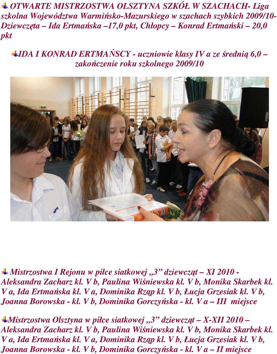 V b, Paulina Wiśniewska kl. V b, Monika Skarbek kl. V a, Ida Ertmańska kl. V a, Dominika Rząp kl. V b, Łucja Grzesiak kl. V b, Joanna Borowska - kl. V b, Dominika Gorczyńska - kl.