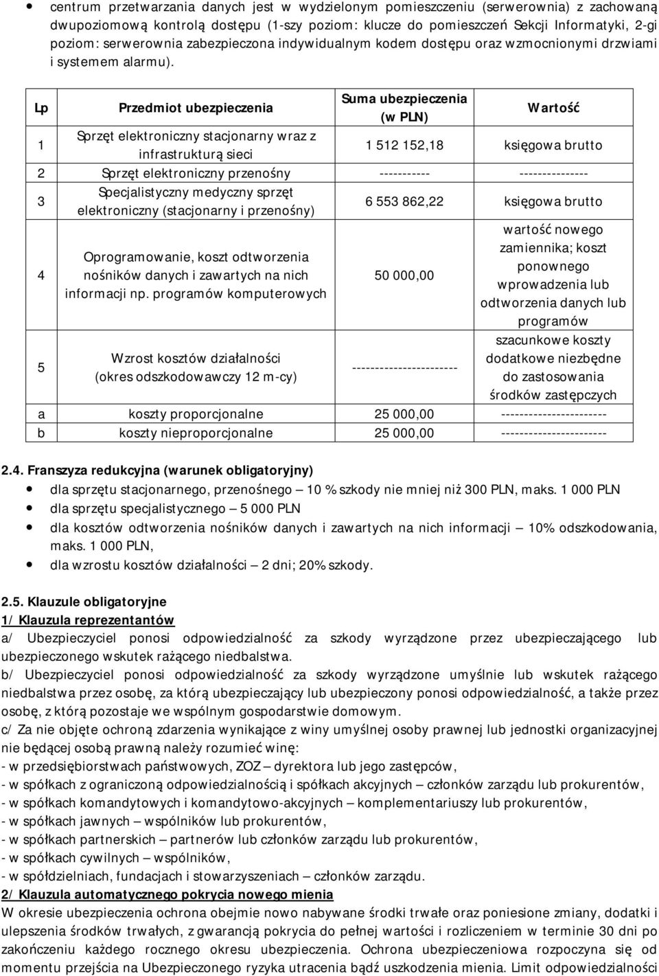 Lp Przedmiot ubezpieczenia Suma ubezpieczenia (w PLN) Wartość 1 Sprzęt elektroniczny stacjonarny wraz z infrastrukturą sieci 1 512 152,18 księgowa brutto 2 Sprzęt elektroniczny przenośny -----------