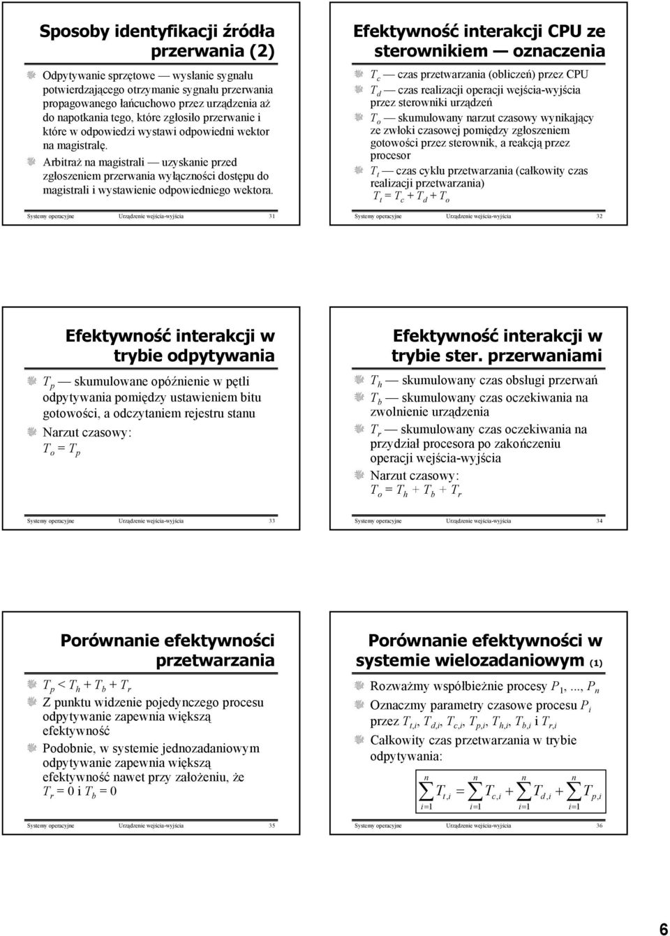Systemy operacyje Urządzeie wejścia-wyjścia 3 Efektywość iterakcji CPU ze sterowikiem ozaczeia T c czas przetwarzaia (obliczeń) przez CPU T d czas realizacji operacji wejścia-wyjścia przez sterowiki