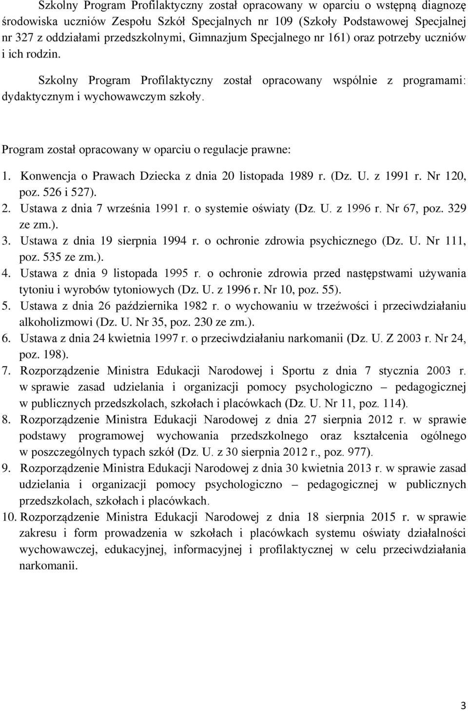 Program został opracowany w oparciu o regulacje prawne: 1. Konwencja o Prawach Dziecka z dnia 20 listopada 1989 r. (Dz. U. z 1991 r. Nr 120, poz. 526 i 527). 2. Ustawa z dnia 7 września 1991 r.
