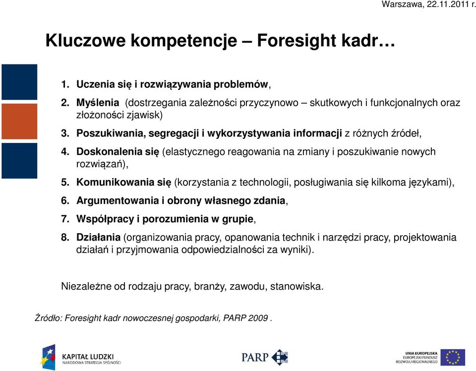 Komunikowania się (korzystania z technologii, posługiwania się kilkoma językami), 6. Argumentowania i obrony własnego zdania, 7. Współpracy i porozumienia w grupie, 8.