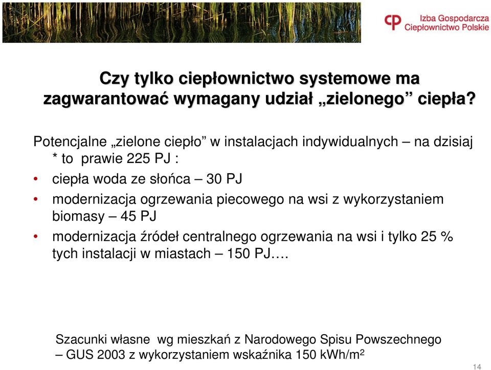 modernizacja ogrzewania piecowego na wsi z wykorzystaniem biomasy 45 PJ modernizacja źródeł centralnego ogrzewania na