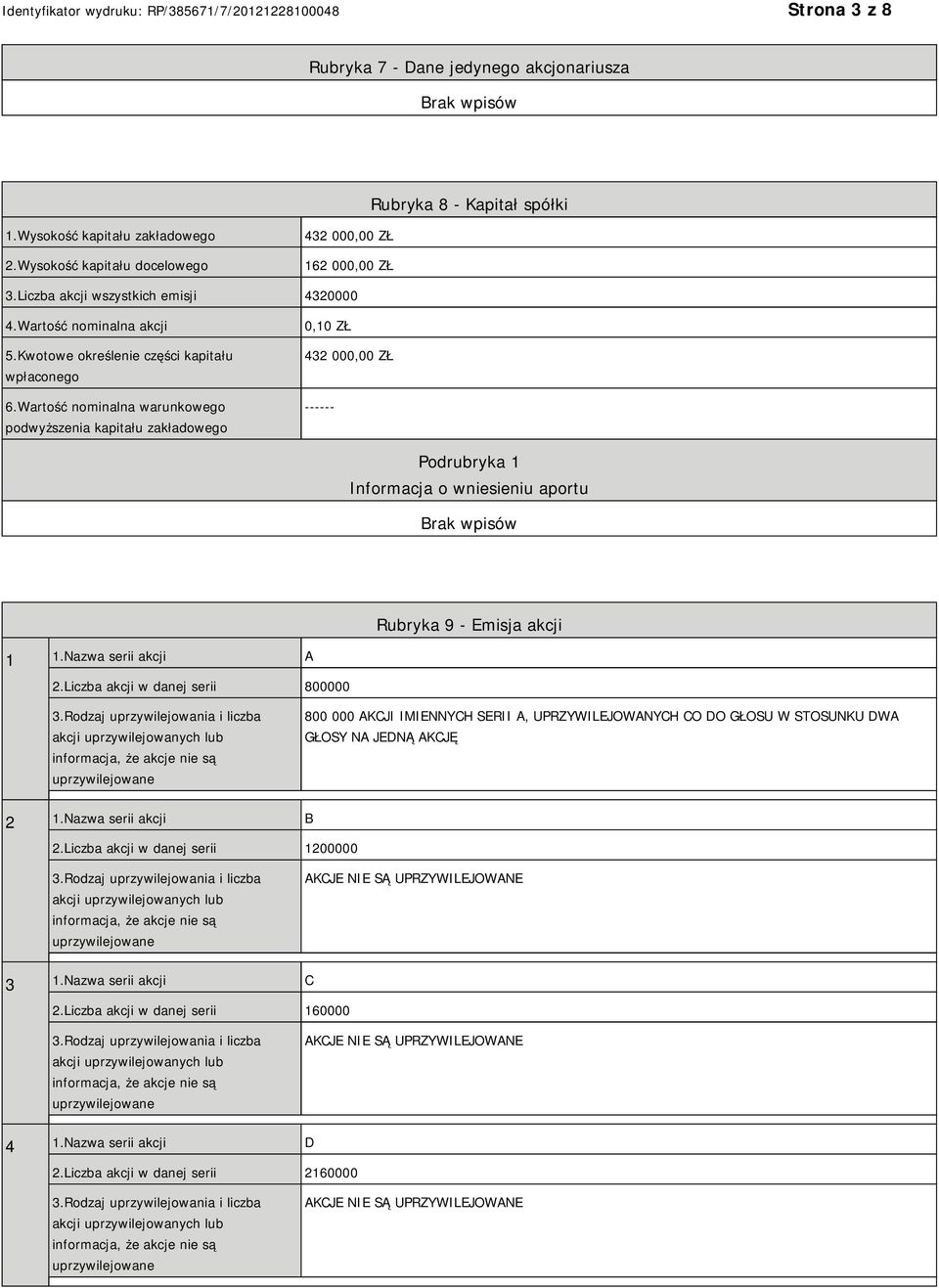 Wartość nominalna warunkowego podwyższenia kapitału zakładowego 0,10 ZŁ 432 000,00 ZŁ ------ Podrubryka 1 Informacja o wniesieniu aportu Rubryka 9 - Emisja akcji 1 1.Nazwa serii akcji A 2.