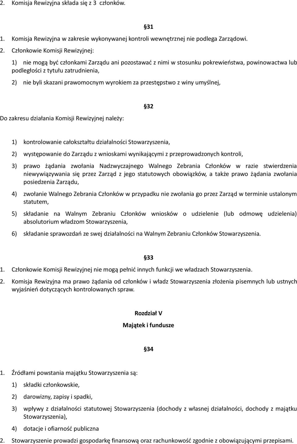 wyrokiem za przestępstwo z winy umyślnej, Do zakresu działania Komisji Rewizyjnej należy: 32 1) kontrolowanie całokształtu działalności Stowarzyszenia, 2) występowanie do Zarządu z wnioskami