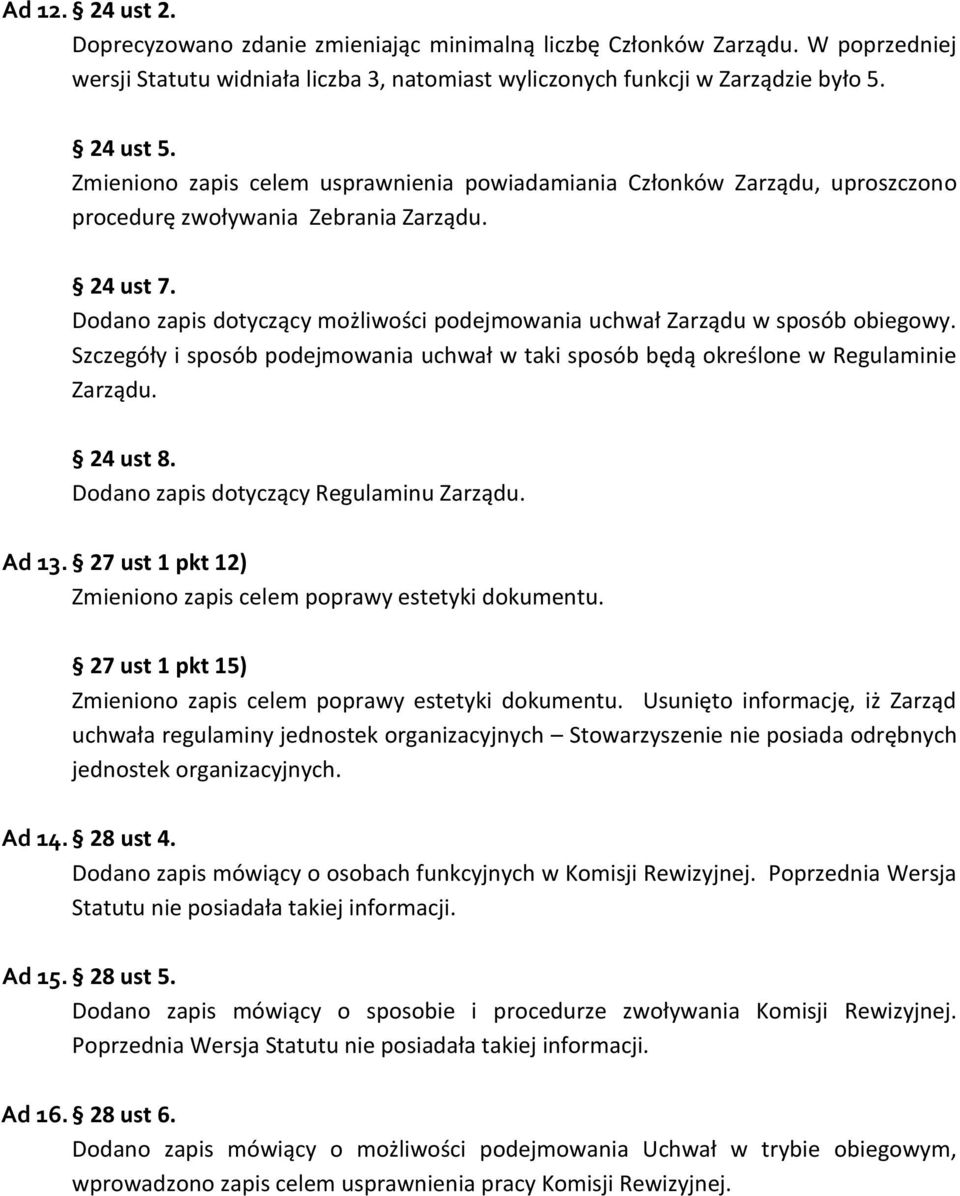 Dodano zapis dotyczący możliwości podejmowania uchwał Zarządu w sposób obiegowy. Szczegóły i sposób podejmowania uchwał w taki sposób będą określone w Regulaminie Zarządu. 24 ust 8.