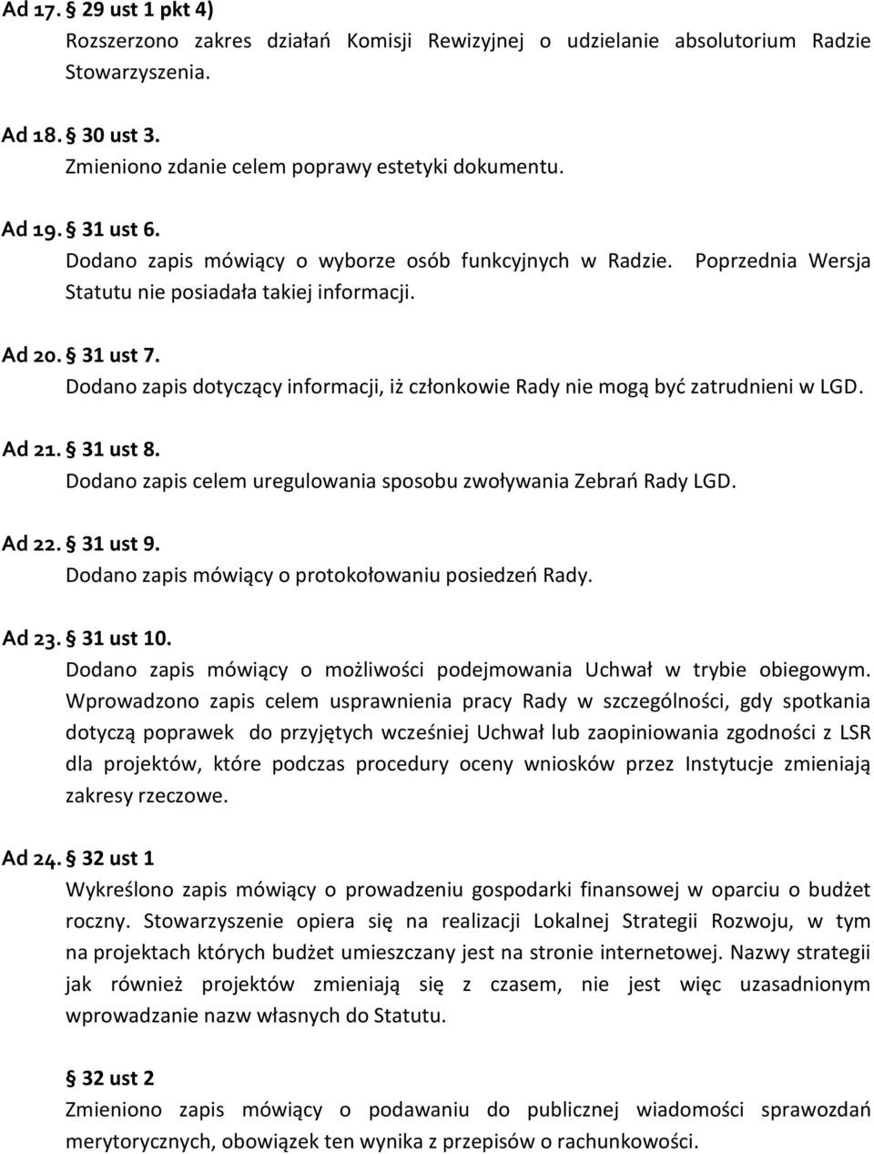 Dodano zapis dotyczący informacji, iż członkowie Rady nie mogą być zatrudnieni w LGD. Ad 21. 31 ust 8. Dodano zapis celem uregulowania sposobu zwoływania Zebrań Rady LGD. Ad 22. 31 ust 9.
