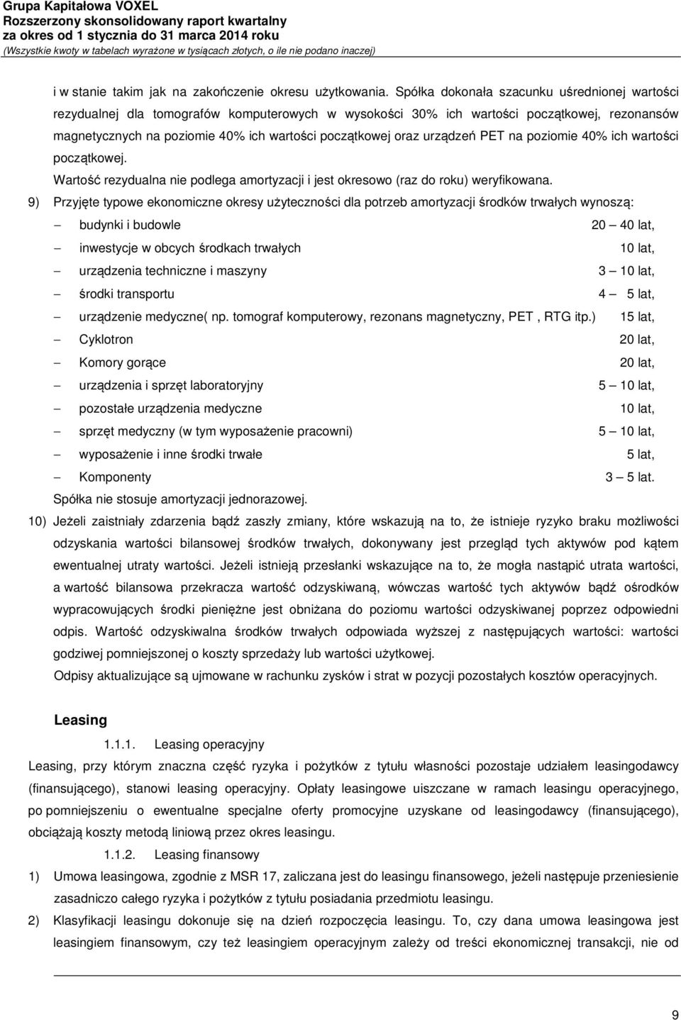 urządzeń PET na poziomie 40% ich wartości początkowej. Wartość rezydualna nie podlega amortyzacji i jest okresowo (raz do roku) weryfikowana.