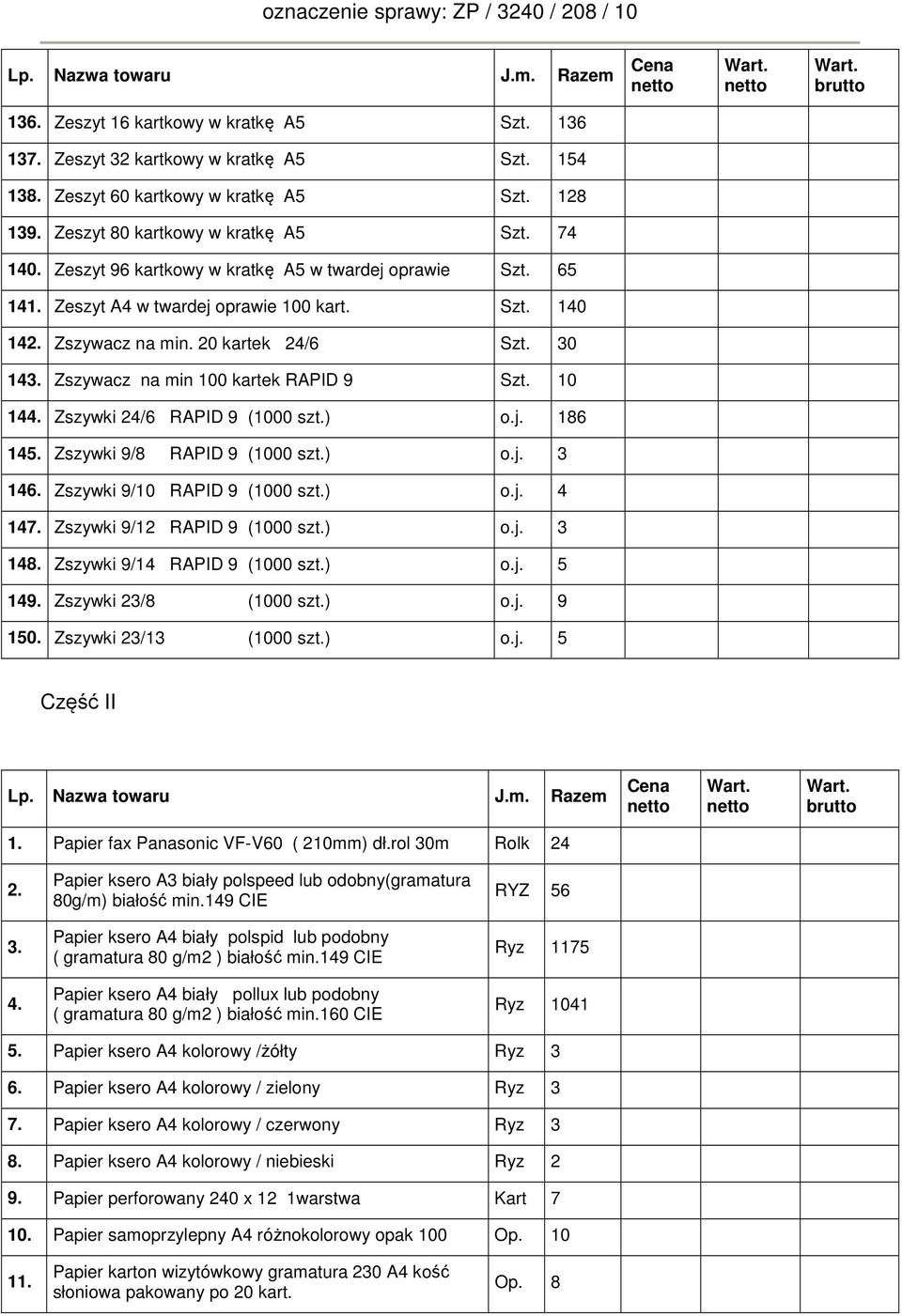 10 144. Zszywki 24/6 RAPID 9 (1000 szt.) o.j. 186 145. Zszywki 9/8 RAPID 9 (1000 szt.) o.j. 3 146. Zszywki 9/10 RAPID 9 (1000 szt.) o.j. 4 147. Zszywki 9/12 RAPID 9 (1000 szt.) o.j. 3 148.