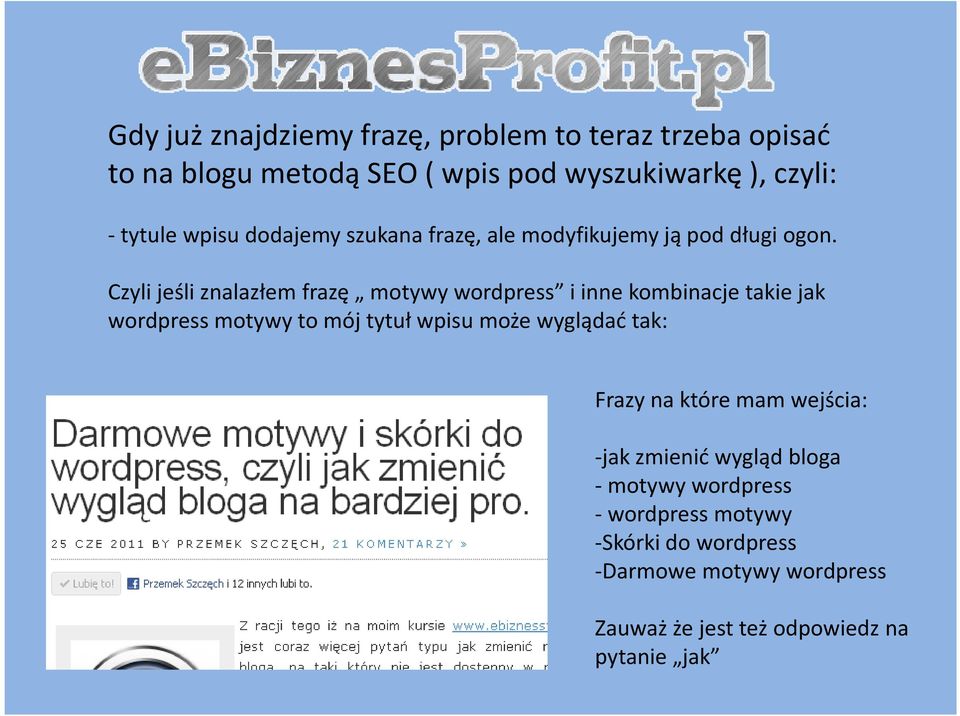 Czyli jeśli znalazłem frazę motywy wordpress i inne kombinacje takie jak wordpress motywy to mój tytuł wpisu może wyglądać