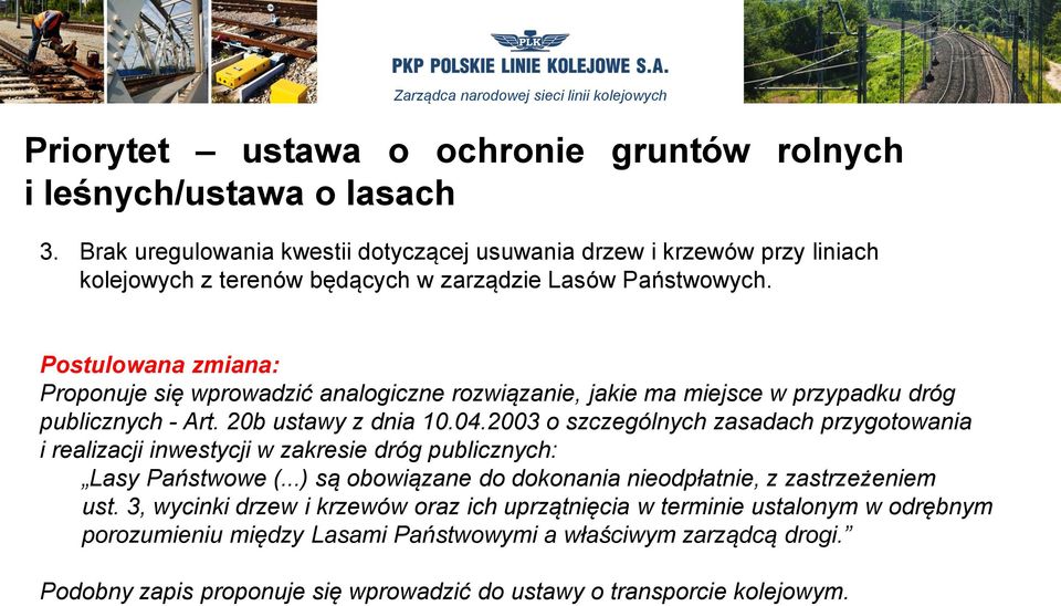 Postulowana zmiana: Proponuje się wprowadzić analogiczne rozwiązanie, jakie ma miejsce w przypadku dróg publicznych - Art. 20b ustawy z dnia 10.04.