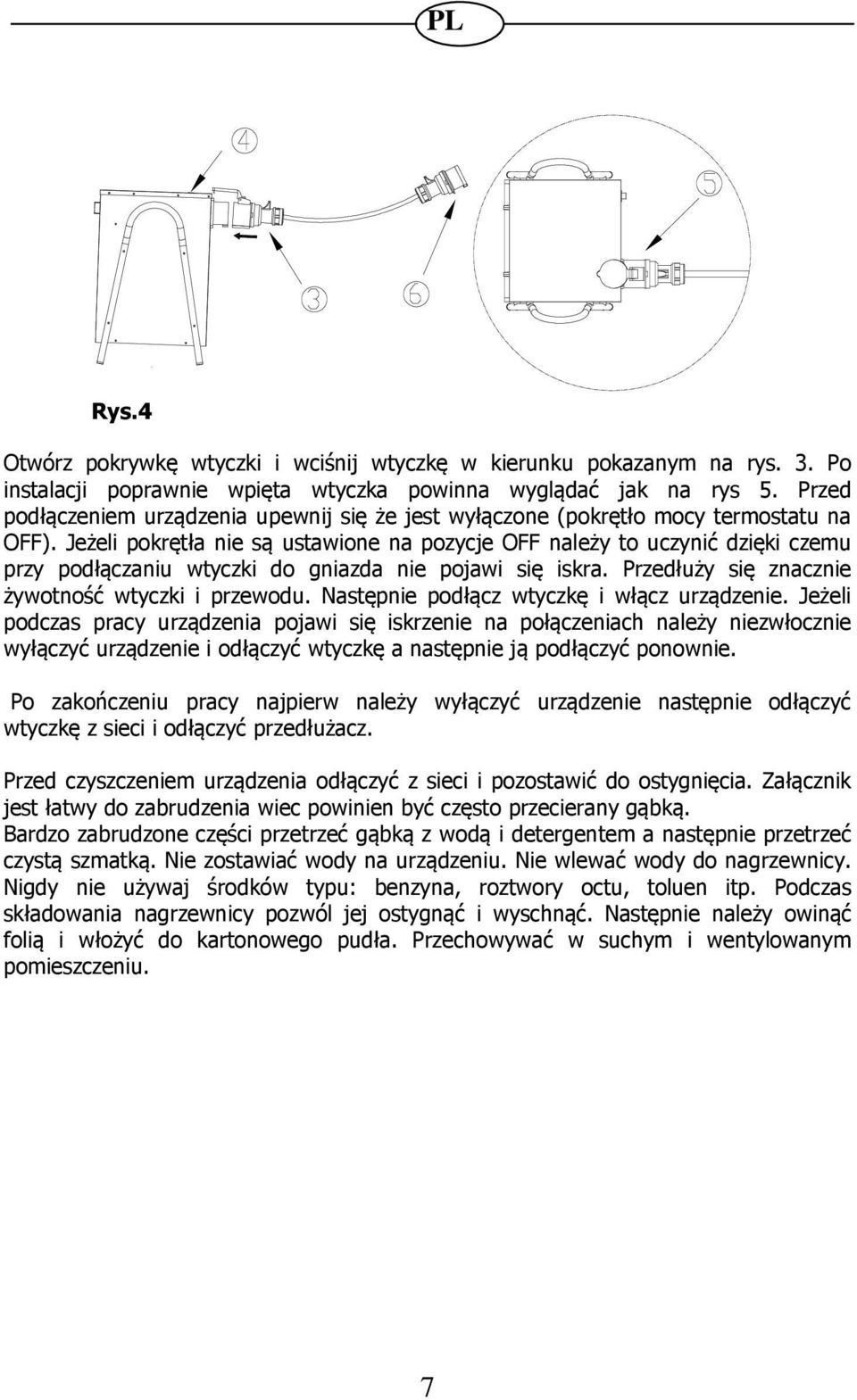 Jeżeli pokrętła nie są ustawione na pozycje OFF należy to uczynić dzięki czemu przy podłączaniu wtyczki do gniazda nie pojawi się iskra. Przedłuży się znacznie żywotność wtyczki i przewodu.