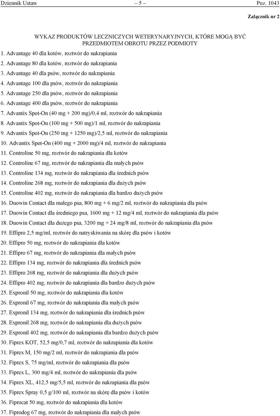 Advantix Spot-On (250 mg + 1250 mg)/2,5 ml, 10. Advantix Spot-On (400 mg + 2000 mg)/4 ml, 11. Controline 50 mg, dla kotów 12. Controline 67 mg, dla małych psów 13.