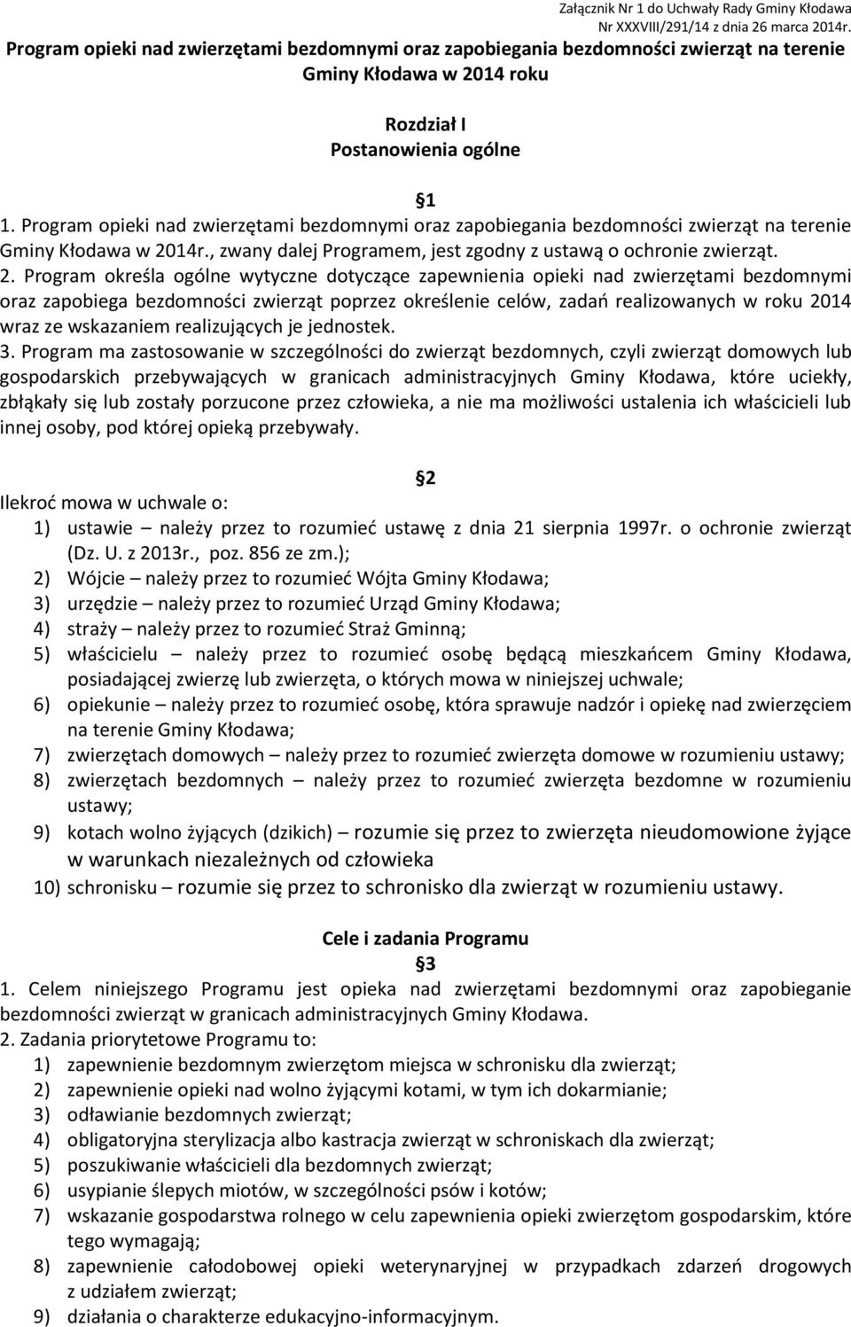 Program opieki nad zwierzętami bezdomnymi oraz zapobiegania bezdomności zwierząt na terenie Gminy Kłodawa w 20