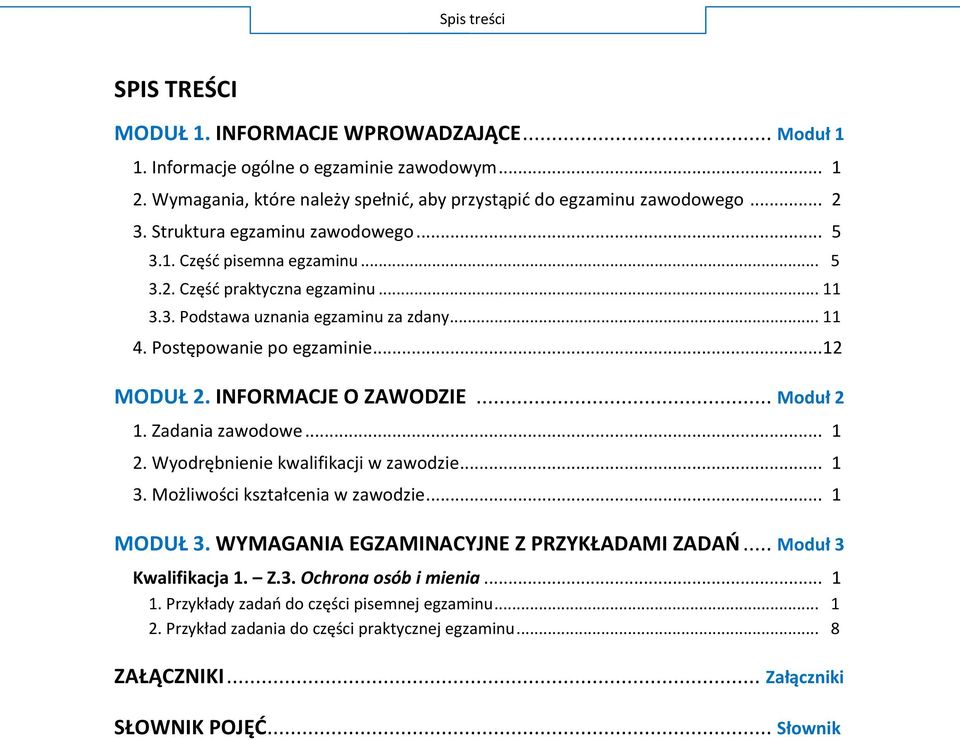 INFORMACJE O ZAWODZIE... Moduł 2 1. Zadania zawodowe... 1 2. Wyodrębnienie kwalifikacji w zawodzie... 1 3. Możliwości kształcenia w zawodzie... 1 MODUŁ 3. WYMAGANIA EGZAMINACYJNE Z PRZYKŁADAMI ZADAO.