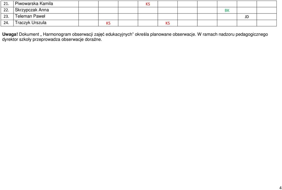 Dokument Harmonogram obserwacji zajęć edukacyjnych określa