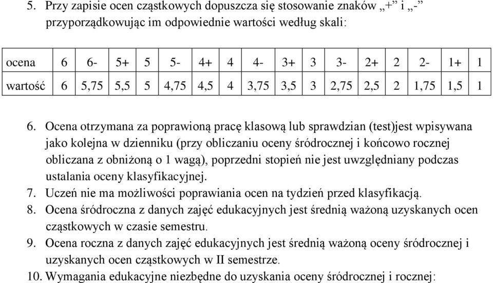 Ocena otrzymana za poprawioną pracę klasową lub sprawdzian (test)jest wpisywana jako kolejna w dzienniku (przy obliczaniu oceny śródrocznej i końcowo rocznej obliczana z obniżoną o 1 wagą), poprzedni