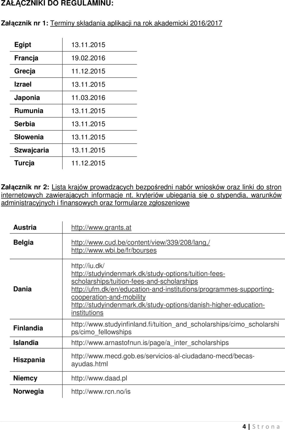 2015 Załącznik nr 2: Lista krajów prowadzących bezpośredni nabór wniosków oraz linki do stron internetowych zawierających informacje nt.