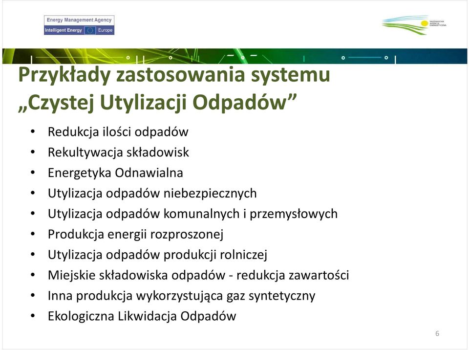 przemysłowych Produkcja energii rozproszonej Utylizacja odpadów produkcji rolniczej Miejskie