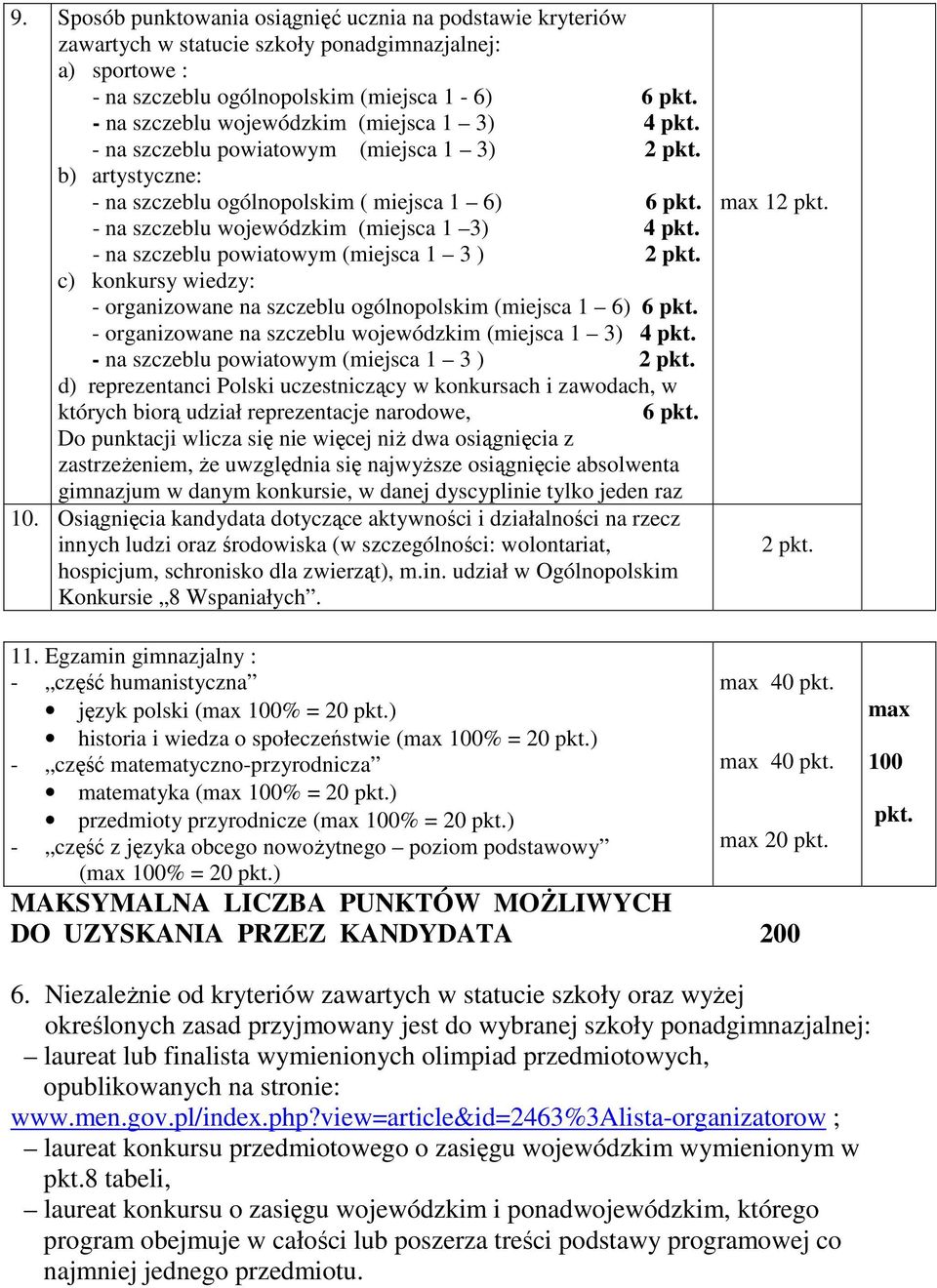 - na szczeblu wojewódzkim (miejsca 1 3) 4 pkt. - na szczeblu powiatowym (miejsca 1 3 ) 2 pkt. c) konkursy wiedzy: - organizowane na szczeblu ogólnopolskim (miejsca 1 6) 6 pkt.