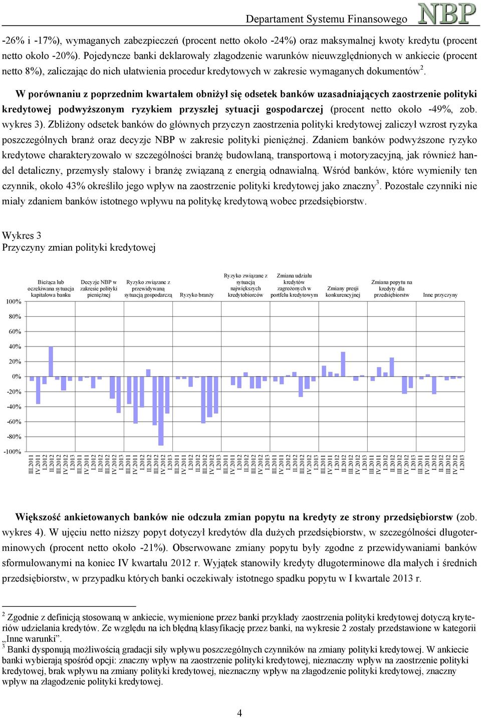W porównaniu z poprzednim kwartałem obniżył się odsetek banków uzasadniających zaostrzenie polityki kredytowej podwyższonym ryzykiem przyszłej sytuacji gospodarczej (procent netto około -49%, zob.