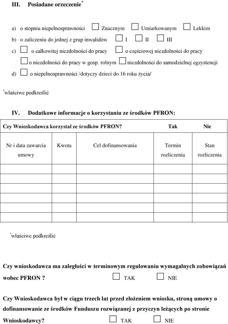 Dodatkowe informacje o korzystaniu ze środków PFRON: Czy Wnioskodawca korzystał ze środków PFRON?