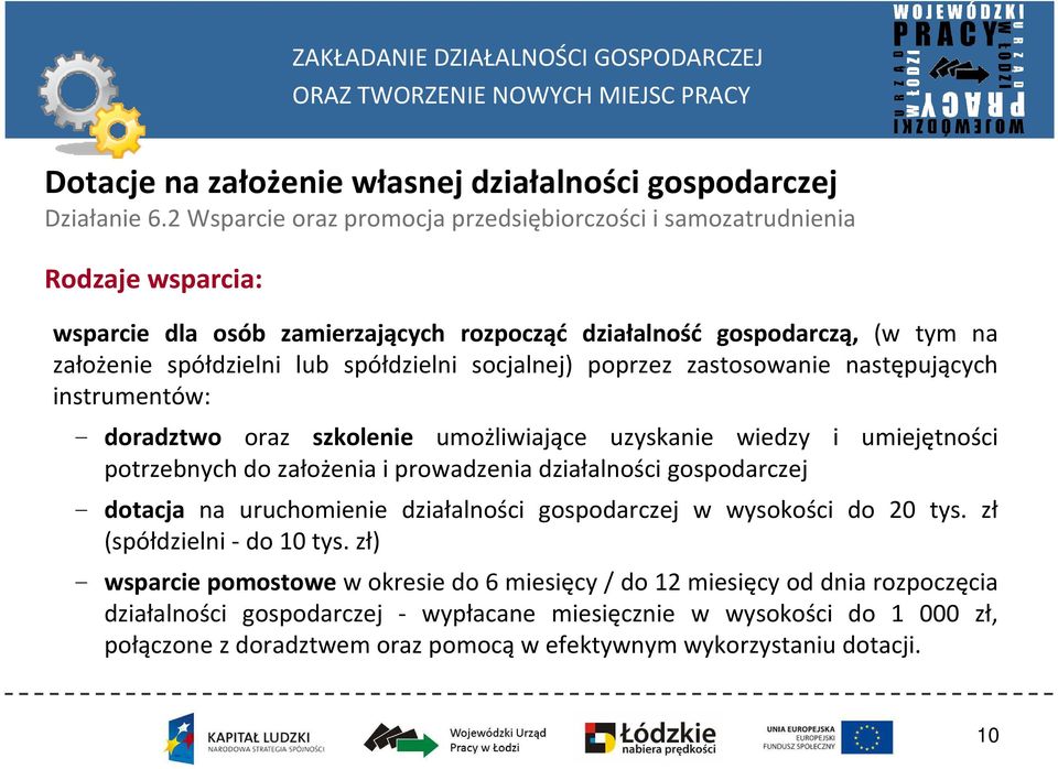 socjalnej) poprzez zastosowanie następujących instrumentów: - doradztwo oraz szkolenie umożliwiające uzyskanie wiedzy i umiejętności potrzebnych do założenia i prowadzenia działalności gospodarczej -