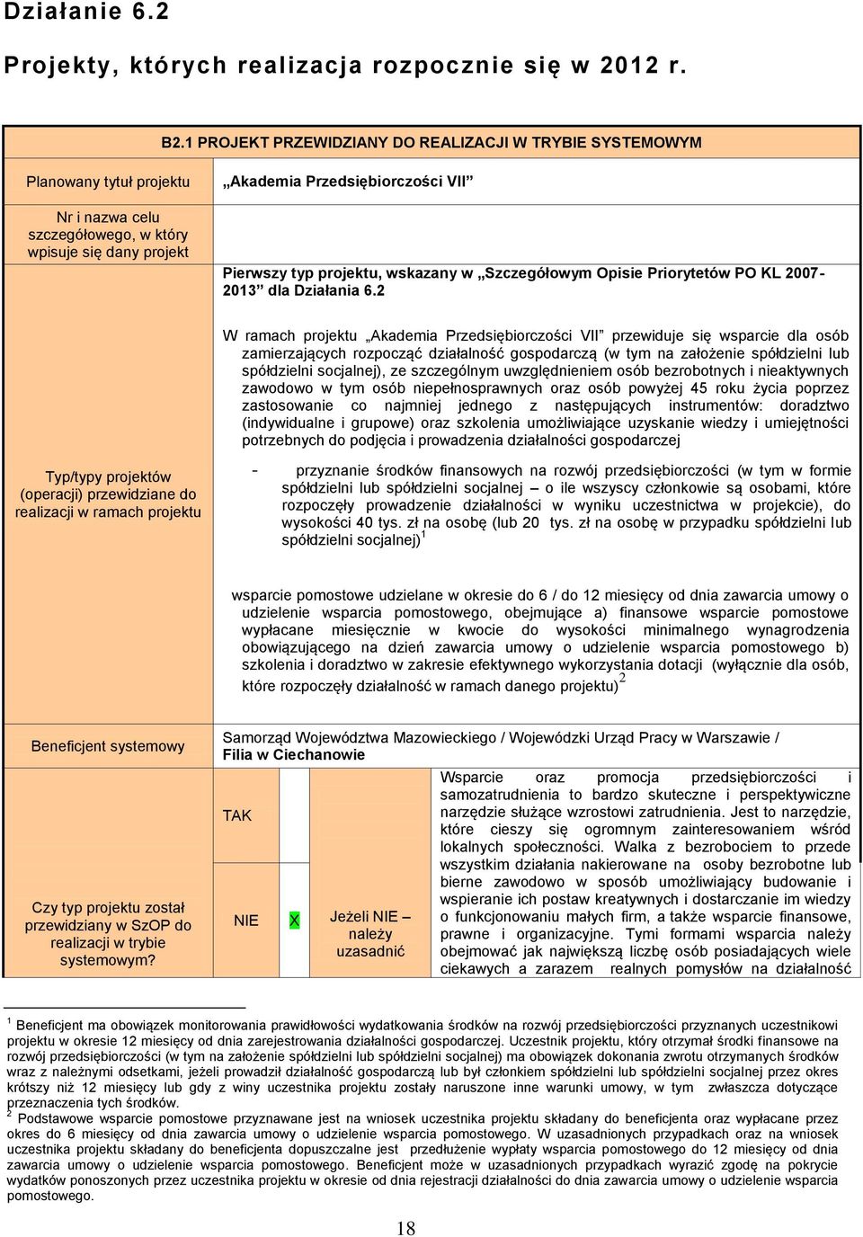 projektu, wskazany w Szczegółowym Opisie Priorytetów PO KL 2007-2013 dla Działania 6.