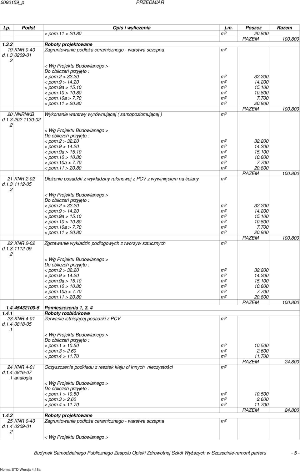 80 20.800 Wykonanie warstwy wyrównującej ( samopoziomującej ) < pom > 320 3200 < pom.9 > 140 1400 < pom.9a > 150 1500 < pom0 > 10.80 10.800 < pom0a > 7.70 7.700 < pom1 > 20.80 20.800 UłoŜenie posadzki z wykładziny rulonowej z PCV z wywinięciem na ściany RAZEM 100.