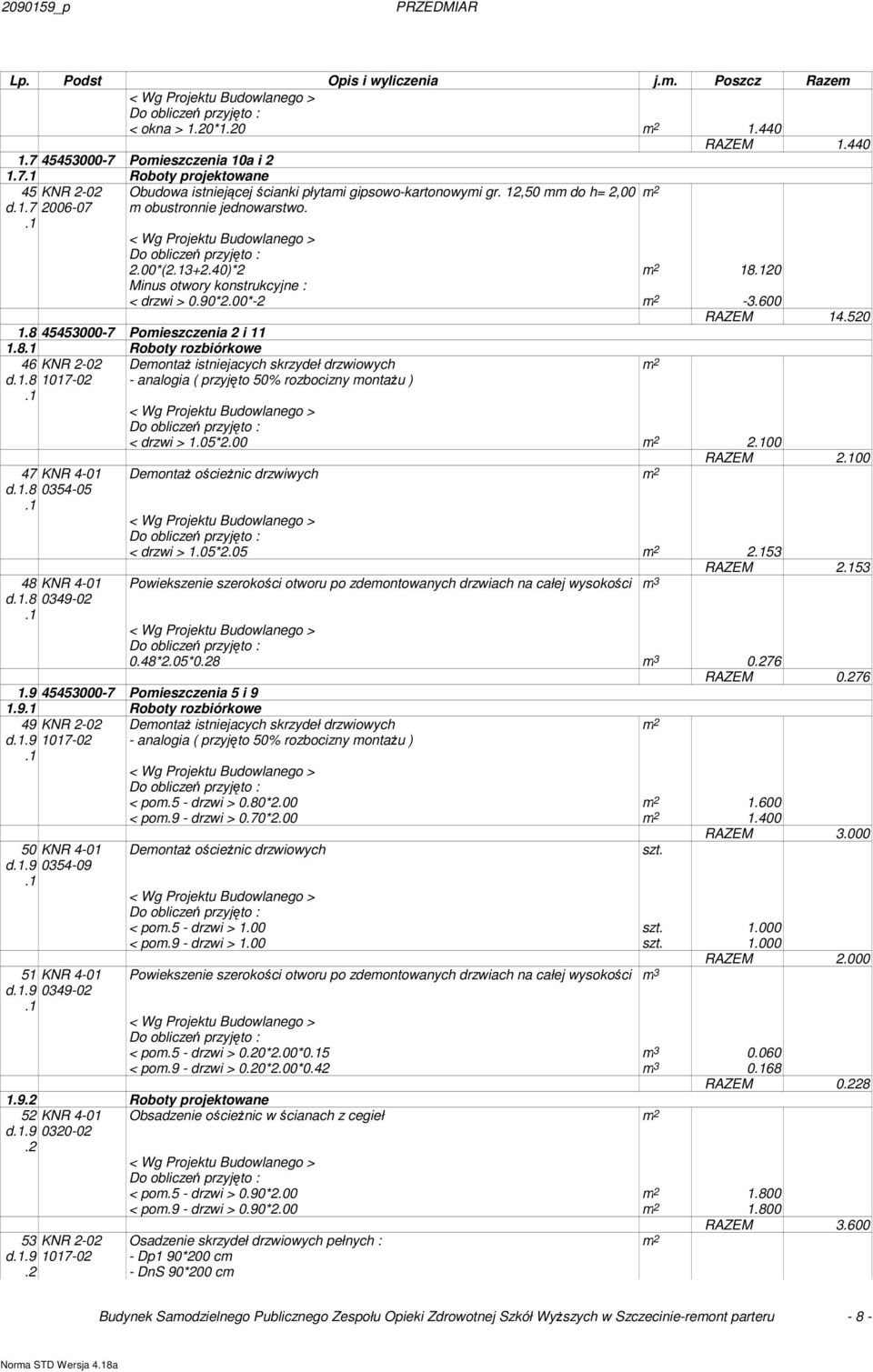 00*-2-3.600 RAZEM 14.520 1.8 45453000-7 Pomieszczenia 2 i 11 1.8 Roboty rozbiórkowe 46 d.8 KNR 2-02 1017-02 47 KNR 4-01 d.8 0354-05 48 KNR 4-01 d.