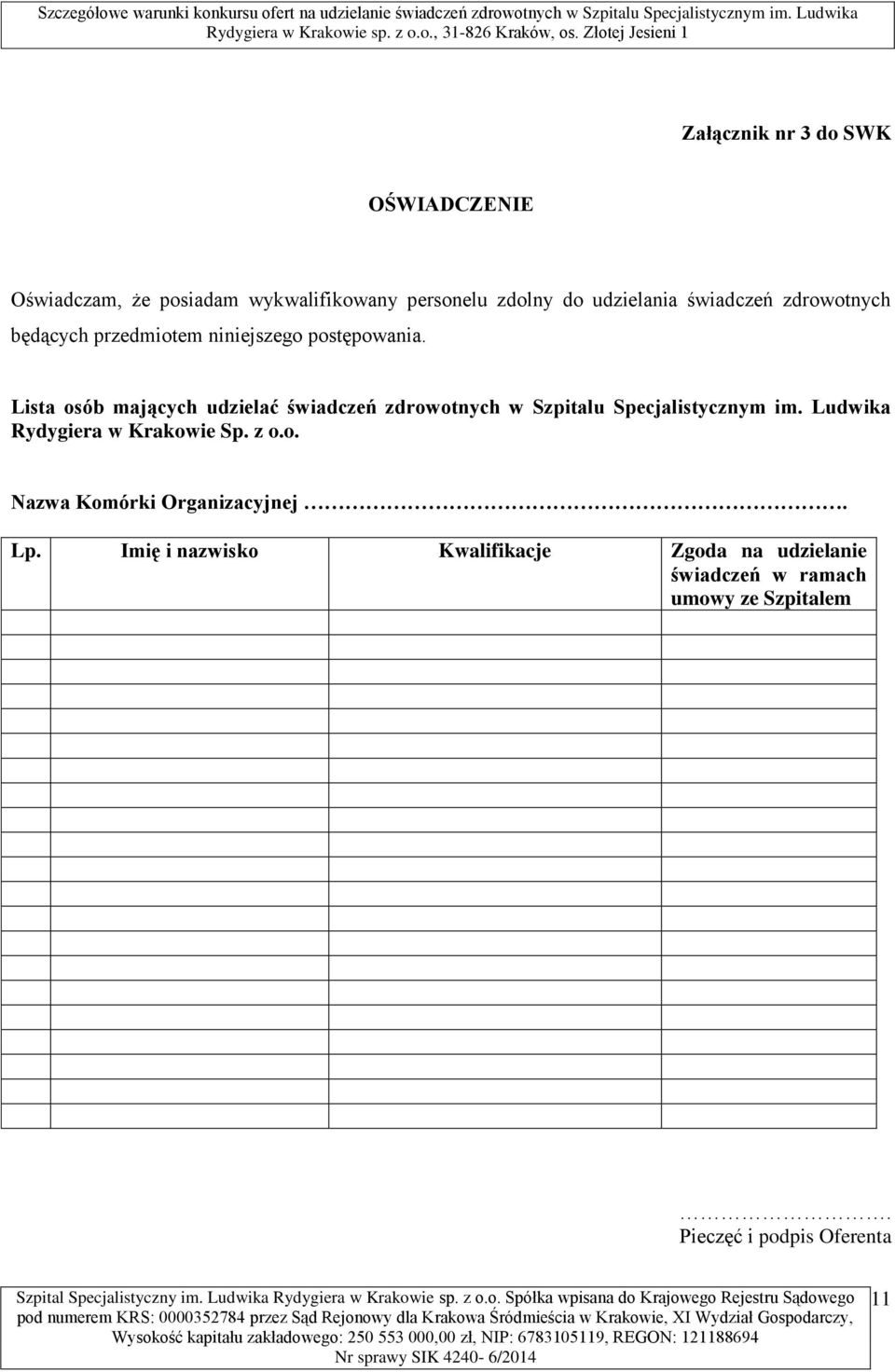 Lista osób mających udzielać świadczeń zdrowotnych w Szpitalu Specjalistycznym im.