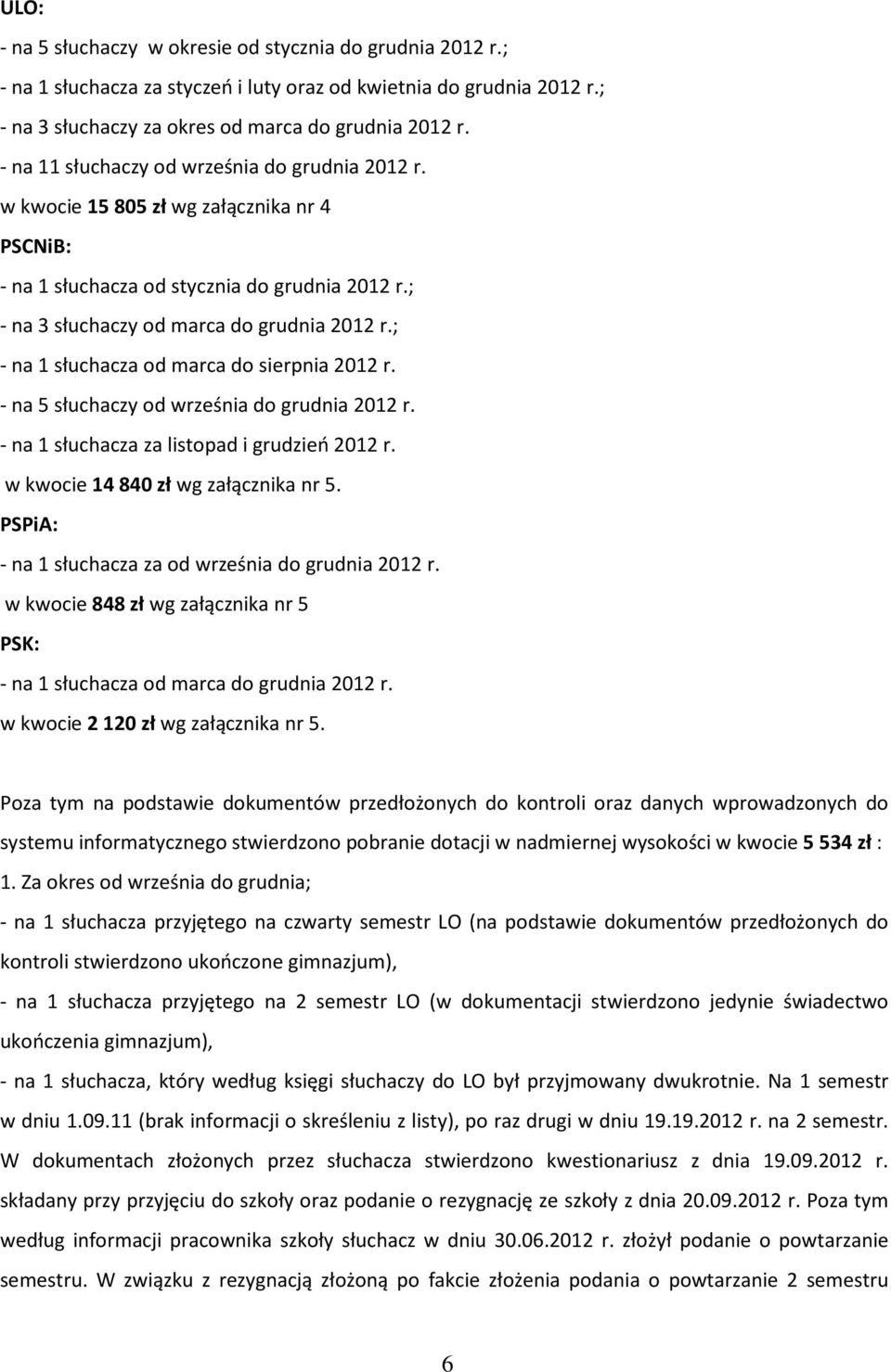 ; - na 1 słuchacza od marca do sierpnia 2012 r. - na 5 słuchaczy od września do grudnia 2012 r. - na 1 słuchacza za listopad i grudzień 2012 r. w kwocie 14840 zł wg załącznika nr 5.