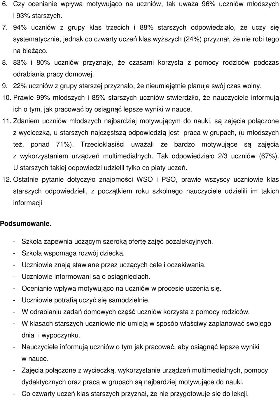 9. 22% uczniów z grupy starszej przyznało, że nieumiejętnie planuje swój czas wolny. 10.