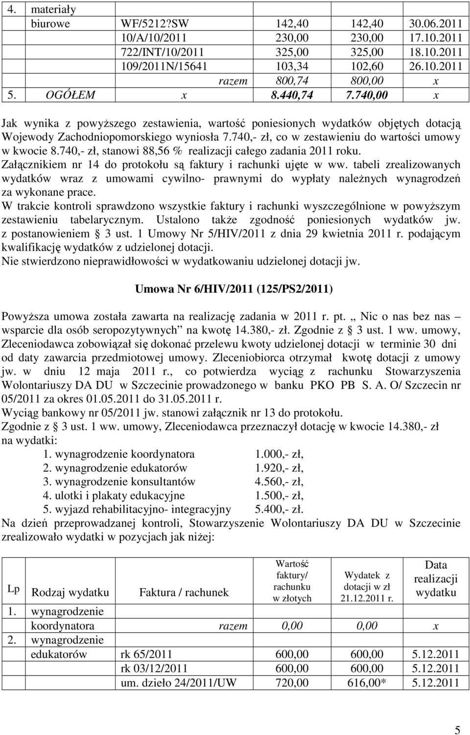 740,- zł, co w zestawieniu do wartości umowy w kwocie 8.740,- zł, stanowi 88,56 % realizacji całego zadania 2011 roku. Załącznikiem nr 14 do protokołu są faktury i rachunki ujęte w ww.