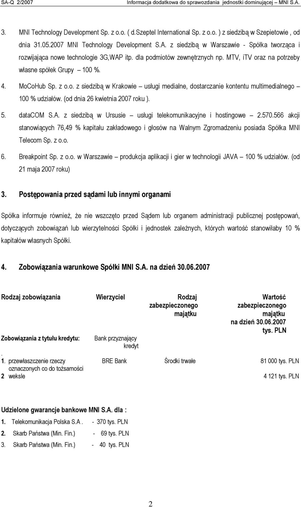 (od dnia 26 kwietnia 2007 roku ). 5. datacom S.A. z siedzibą w Ursusie usługi telekomunikacyjne i hostingowe 2.570.
