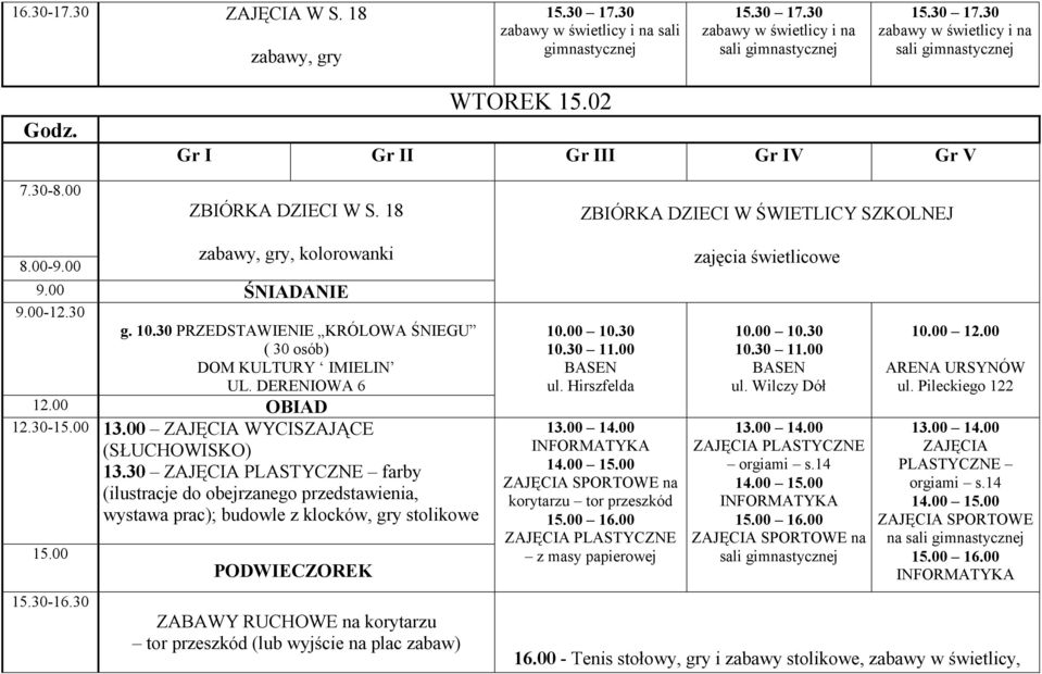 00 WYCISZAJĄCE (SŁUCHOWISKO) 13.30 PLASTYCZNE farby (ilustracje do obejrzanego przedstawienia, wystawa prac); budowle z klocków, gry stolikowe 15.00 15.30-16.