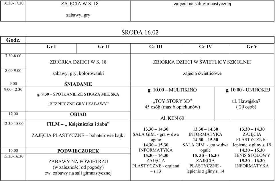 30 ZABAWY NA POWIETRZU (w zaleŝności od pogody) ew. zabawy na sali gimnastycznej g. 10.00 MULTIKINO TOY STORY 3D 45 osób (max 6 opiekunów) Al. KEN 60 SALA GIM.