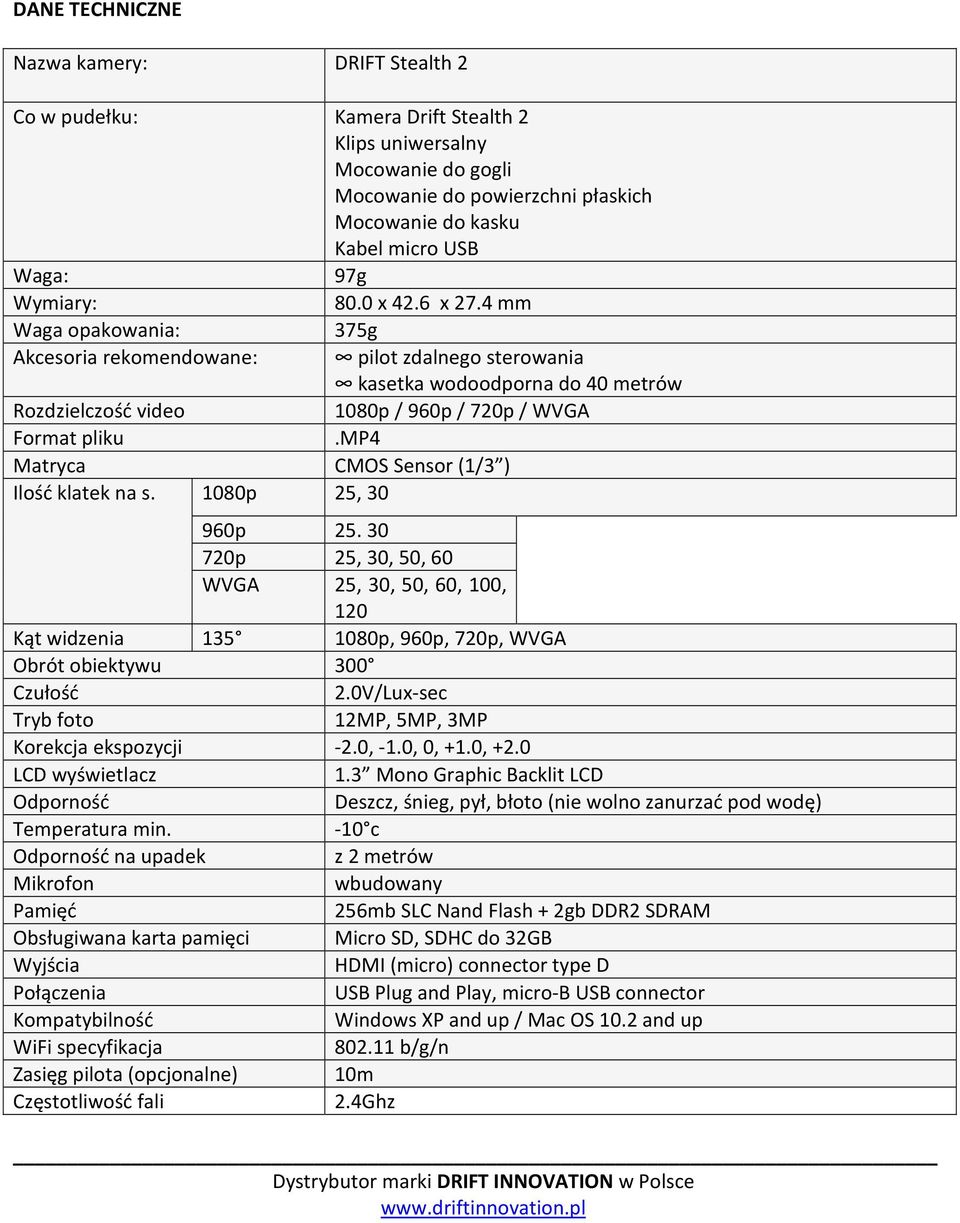 mp4 Matryca CMOS Sensor (1/3 ) Ilość klatek na s. 1080p 25, 30 960p 25. 30 720p 25, 30, 50, 60 WVGA 25, 30, 50, 60, 100, 120 Kąt widzenia 135 1080p, 960p, 720p, WVGA Obrót obiektywu 300 Czułość 2.