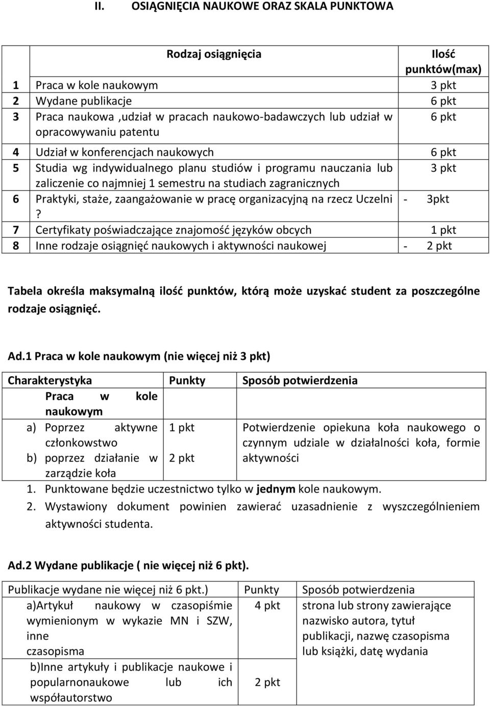 zagranicznych 6 Praktyki, staże, zaangażowanie w pracę organizacyjną na rzecz Uczelni 3pkt?