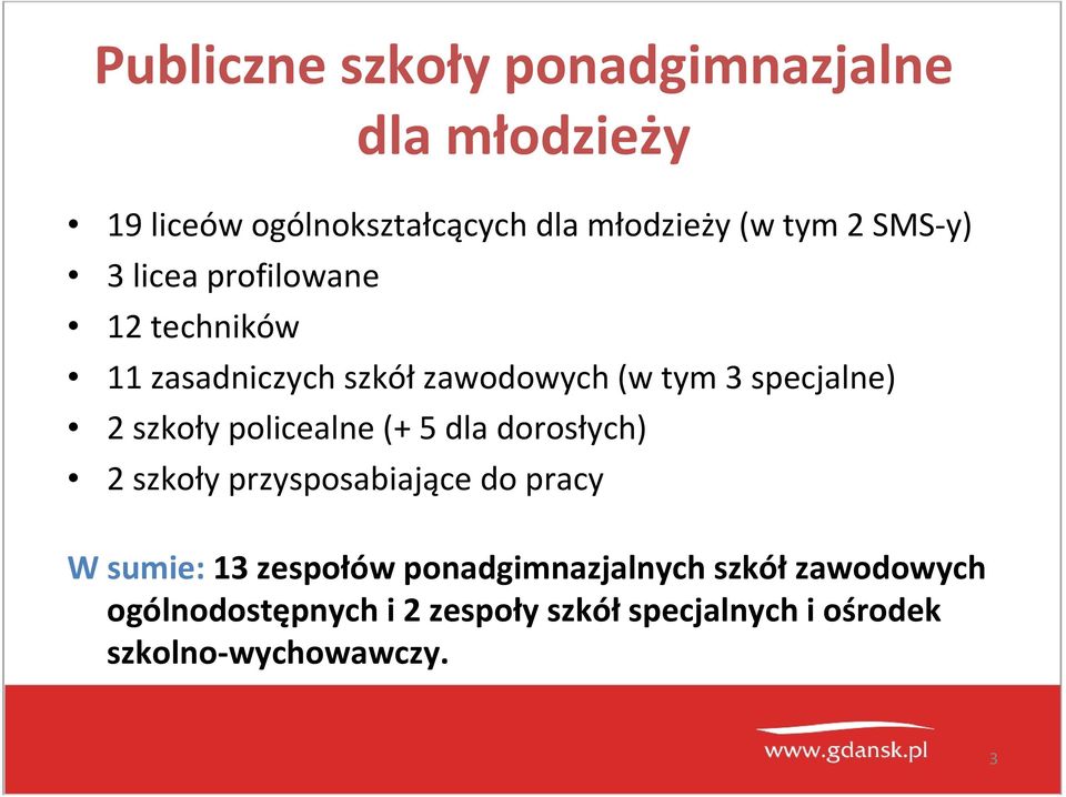 szkoły policealne (+ 5 dla dorosłych) szkoły przysposabiające do pracy W sumie:1 zespołów