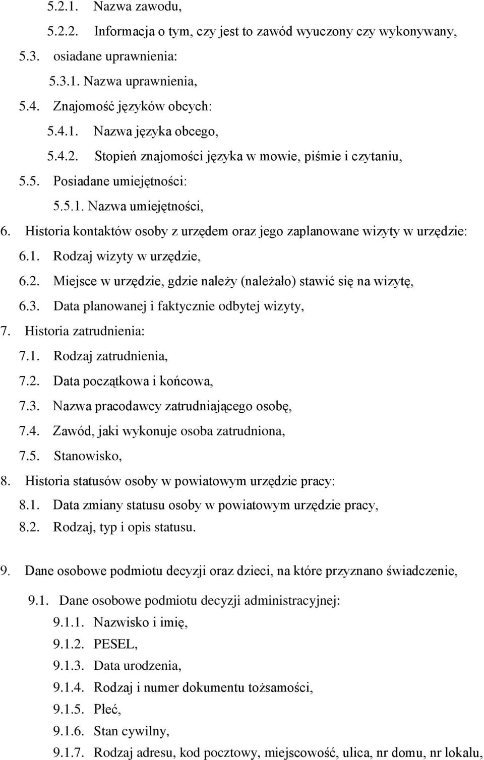 2. Miejsce w urzędzie, gdzie należy (należało) stawić się na wizytę, 6.3. Data planowanej i faktycznie odbytej wizyty, 7. Historia zatrudnienia: 7.1. Rodzaj zatrudnienia, 7.2. Data początkowa i końcowa, 7.